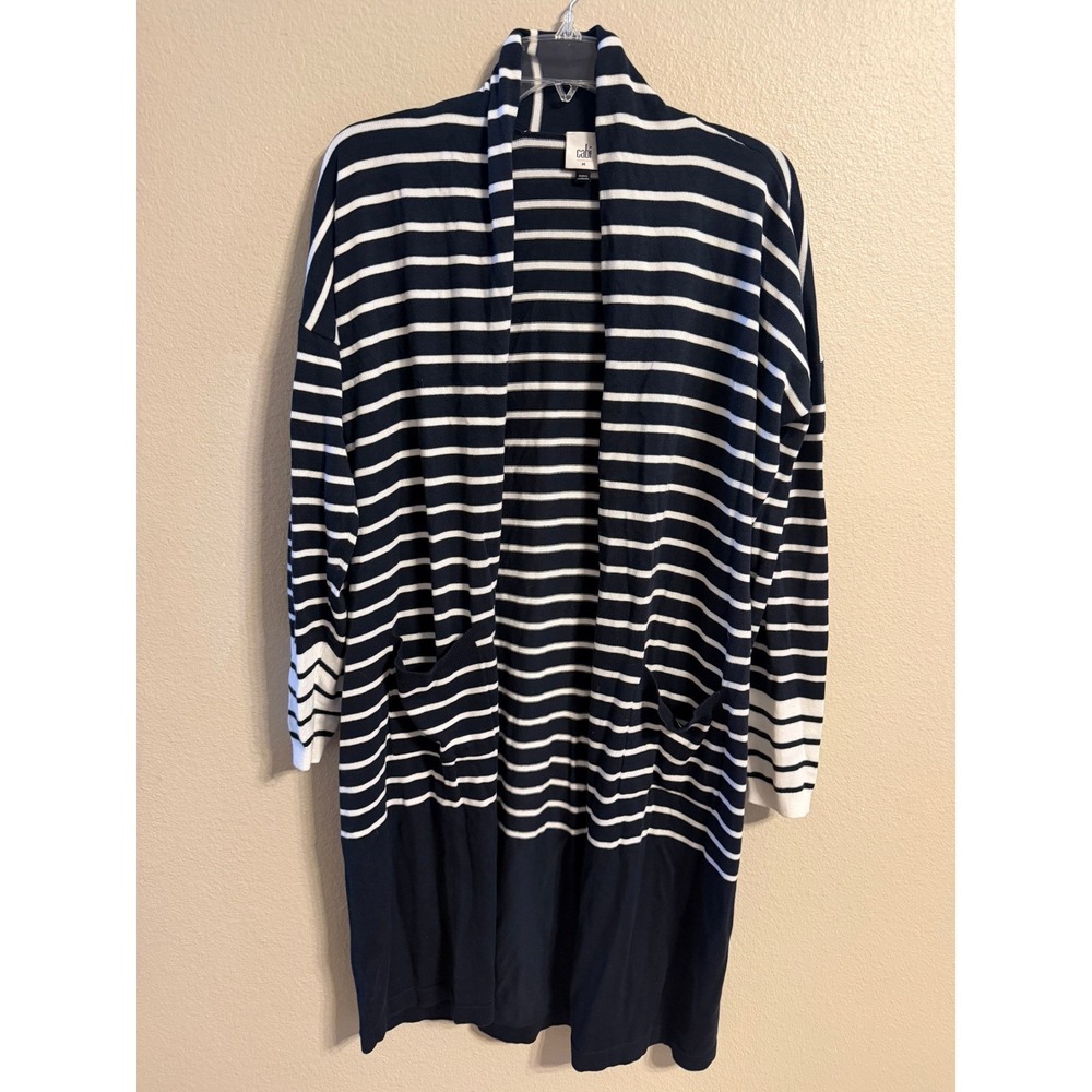 Cabi Striped Longline Cardigan Sweater Navy Blue White Open Front Womens Medium